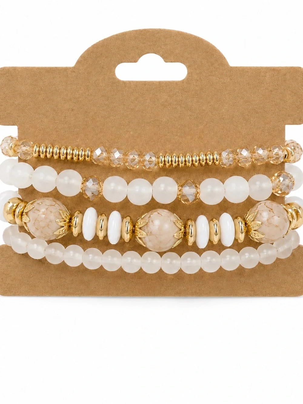 White Beaded Bracelet Stack Gold Tone Crystal Charm Boho Stretch Boutique Set